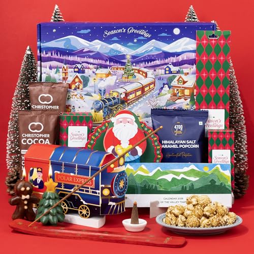 Phool Polar Express Christmas Gift Box | 12-in-1 Premium gifts | Hot Chocolate, Caramel Popcorn, Candles, Incense, Snacks & More | Secret Santa Gift for Friends, Family & Colleagues - Christmas gifts