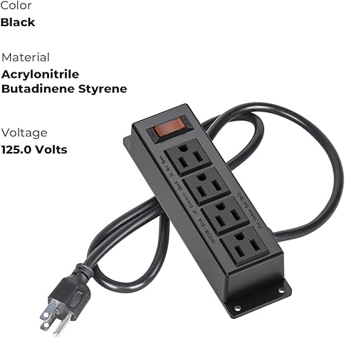 Miniatura 3 de Tira de toma de corriente de montaje en pared, regleta de alimentación de 4 salidas con interruptor, cable de 3 pies debajo del escritorio para