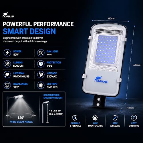 Image of Forus 50W LED Street Light Outdoor with 4 Year Warranty, High Power Floodlight, IP66 Waterproof Road Light, Parking Lot & Industrial Area Lighting, Energy Saving Aluminium Body, Cool White (1 PC)