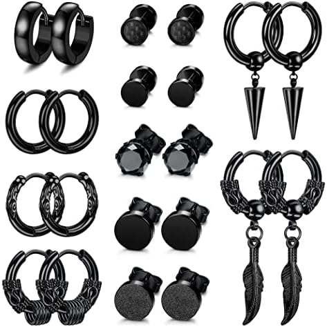 JeweBella 11 Pairs Men's Black Stainless Steel Punk Earrings Pend...