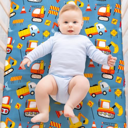 4 Pack Baby Boy Pack N Play Mini Crib Sheets Soft Fitted Baby Boy Mattress Covers Construction Truck Theme Breathable Toddler Sheets for Infant (Construction Truck, Pack N Play Mini Crib Sheets)