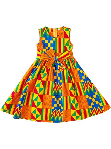 Girls' African Sleeveless Tie Waist Vintage Print Dresses