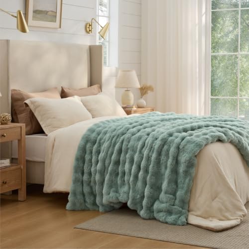 Image of Bedsure GentleSoft Bubble Faux Fur King Size Blanket for Bed, Fluffy Fuzzy King Blanket for Winter, Soft Cozy Faux Fur Bedding Thick Warm Plush Decor for Bedroom, Sage Green, 104x90