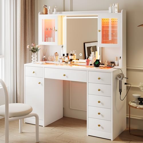 Image of iPormis Vanity Desk with Mirror and Lights, Glass Top Makeup Vanity with RGB Light and Power Outlet, Dressing Table Mirror with 3 Lighting Colors, 7 Drawers, 3 Cabinets, White Vanity for Bedroom
