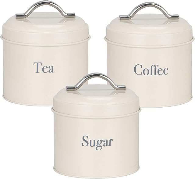 WiseAccordio® Set of 3 Mini Cream Tea Coffee Sugar Canisters| Vintage Style Kitchen Storage Set | Powder-coated steel with chrome finish wire handles