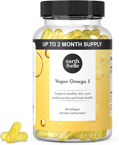 Earth & Elle Suplemento de algas Omega 3 - Omega 3 vegano - Suplemento vegano Omega 3 con aceite de algas y DHA vegano - Ayuda a apoyar la salud del