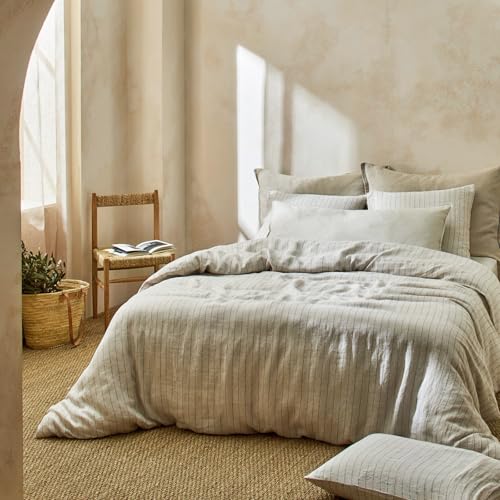 Image of VM VOUGEMARKET Beige Duvet Cover King with Black Stripes,Japanese Style Washed Linen Cotton Duvet Cover with 2 Pillowcases,Breathable Comforter Cover for Cozy Minimalist Bedrooms