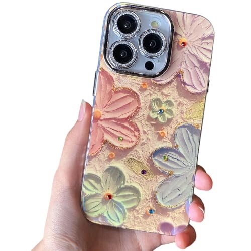 Image of Elzzi Compatible with iPhone 16 Pro Max Case 3D Laser Flower Oil Painting Cute Colorful Blue Ray Bumper with Full Camera Protection Shockproof PC+TPU Glossy Shiny Cover for Girls Women, Pink