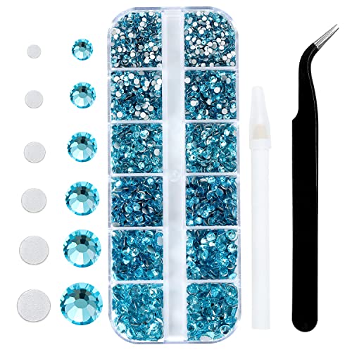 4240Pcs Flatback Aquamarine Rhinestones Glass Crystal Diamonds for Nail Art Jewels Makeup Bling Round with Tweezers and Picking Pen (SS6~SS20 Set)