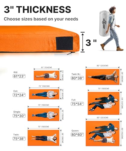 Image of GAIALOOP 3 Inch Memory Foam Camping Mattress, Dual Layer Thick Sleeping Camp Pad for Car Tent Cot, Roll-Up Portable Glamping Floor Bed for Guests Sleepover