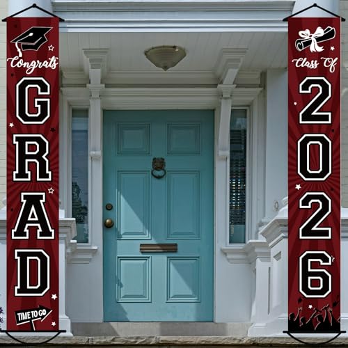 Image of Graduation Banner 2026 Graduation Decorations Maroon and Black Grad Banner Porch Sign Class of 2026 Door Decor Congrats Hanging Backdrop Maroon Grad Party Decor for School Congratulations Supplies