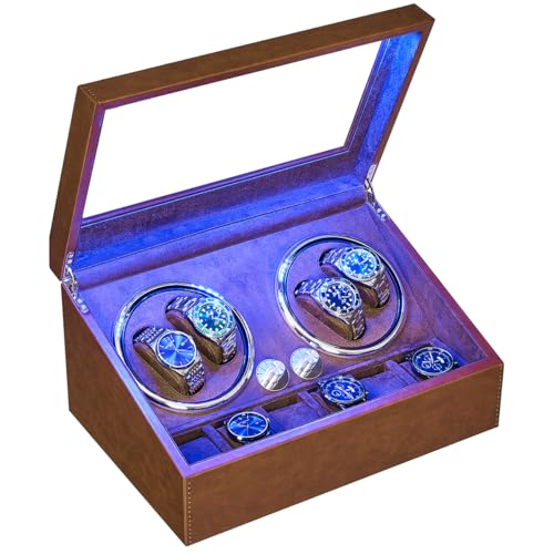 ANWBROAD Watch Winder for Automatic Watches 4+6 Watch Rotator and Storages with Super Quiet Mabuchi Motor LED Backlight Watch Turner Piano Paint Watch Turner 4 Rotating Modes Gift UJWW002T
