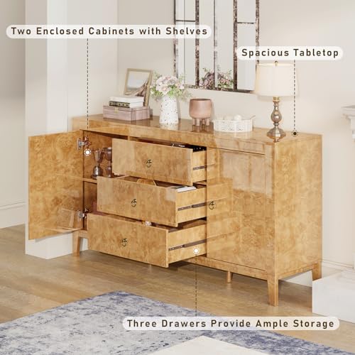 Image of LUXOAK 60 inch Glossy Burl Wood Sideboard Buffet with Storage