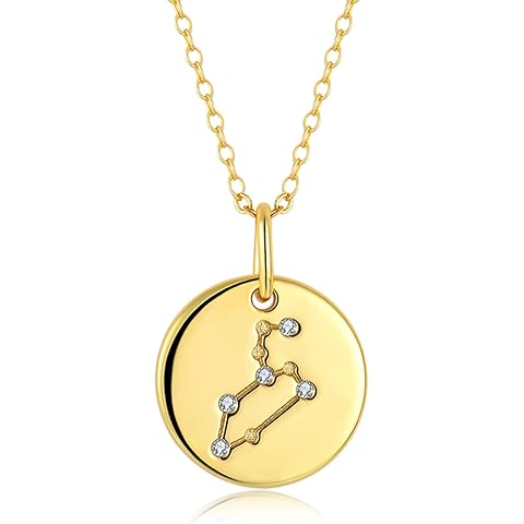14K Gold Zodiac Necklace for Women, 925 Sterling Silver Constellation Star Coin Disc Connected Engraved Horoscope Sign Astrology Pendant, Celestial Jewelry Birthday Mother's Day Gifts for Her Mom Girlfrined