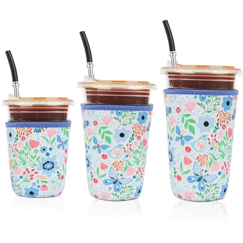 Image of Reusable 3-Pack Iced Coffee Cup Sleeve, Insulated Neoprene, Beverage Holder for Iced Coffee, Durable Drink Sleeve for Cold Beverages, Butterfly Bloom