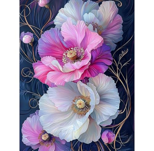 Image of QENSPE Diamond Painting Art Kits for Adults, DIY Pink & White Flowers Full Drill Diamond Art for Beginners, 5D Round Diamond Dots Paintings Gem Art Crafts Home Wall Decor Gifts 30x40cm