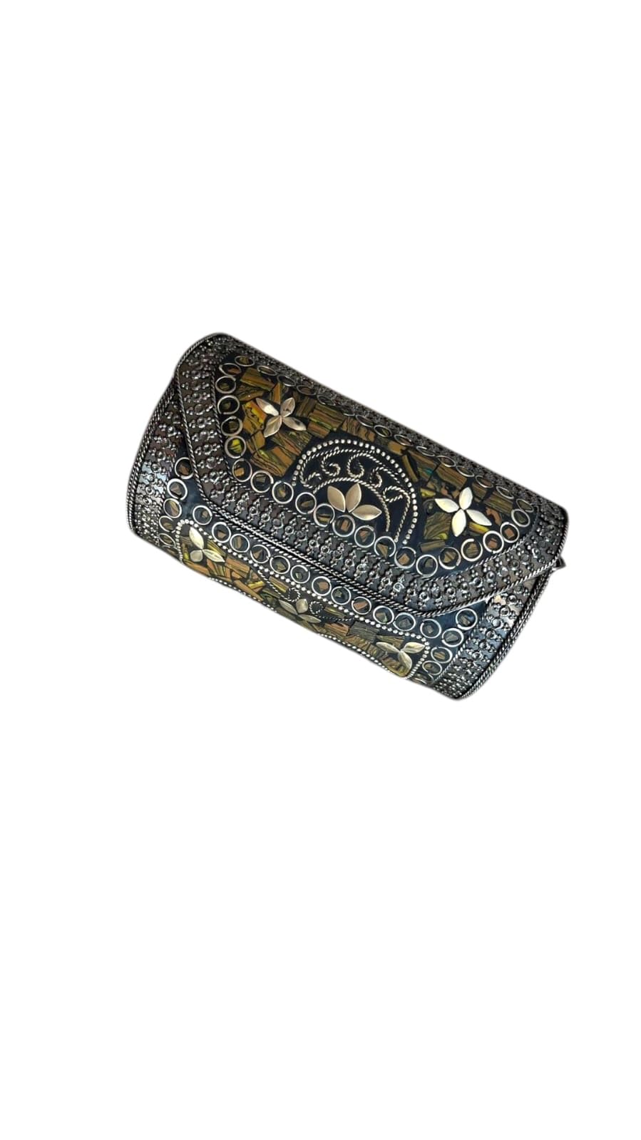 Vintage Style Clutch Handbag with Floral Metal Embellishments, Chain Strap, Silver and Gold Mosaic Design-image-38