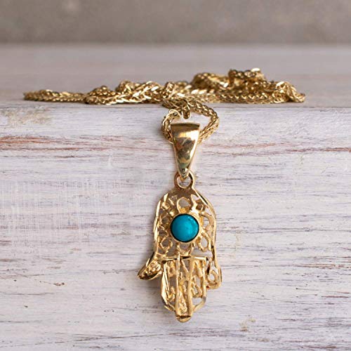 14K Gold Ornate Hamsa Turquoise Necklace - Solid Yellow Gold Genuine Turquoise Gemstone Pendant, 14K 14K Gold Ornate Hamsa Turquoise Necklace - Solid Yellow Gold Genuine Turquoise Gemstone Pendant, 14K
