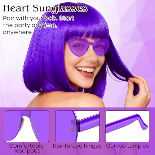 Image of PLULON Dark Purple Bob Wig with Bangs, Short Straight Bob Wig with Heart Sunglasses 12 Inch Shoulder Length Heat Resistant Synthetic Hair for Women Natural Look Daily Cosplay Halloween Costume Party