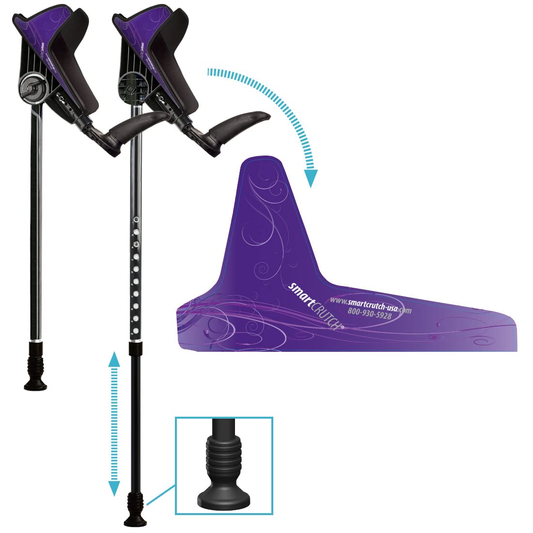 Ergonomic Custom Forearm Crutches for Adults, Multiple Colors, Adjustable Forearm Rotates 15-90 Degrees - Heights 4'4" to 6'4" - 265 lbs Non Weight Bearing