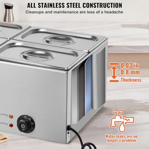 VEVOR kommerzieller Speisenwärmer 15L 4x1/4 Größe Speisebehälter, elektrische Warmhalteplatte, 1200 W Arbeitsplatte aus Edelstahl, Buffet-Bain-Marie, 30–85 °C Temperaturregelung für Gastronomie – Bild 6