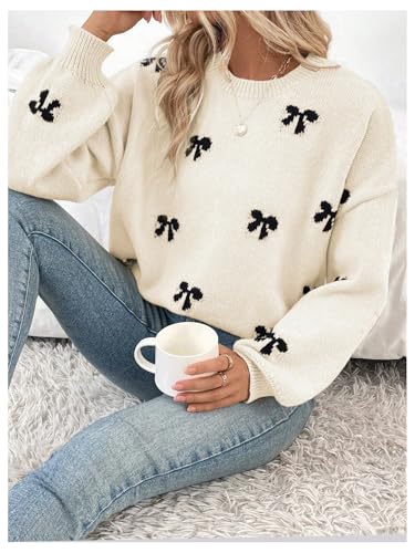 Image of BEAUDRM Women's Y2K Bow Print Sweater Crewneck Long Sleeve Drop Shoulder Knit Pullovers Sweaters Beige Large
