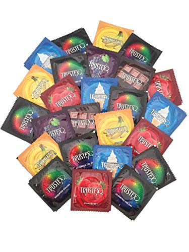 Trustex Flavors And Colors + Brass Lunamax Pocket Case, Lubricated Latex Condoms-24 Count #TOP28