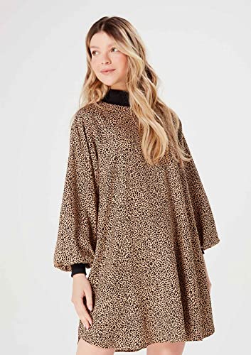 Vestido Curto Manga Longa Bufante Em Poá Marrom P