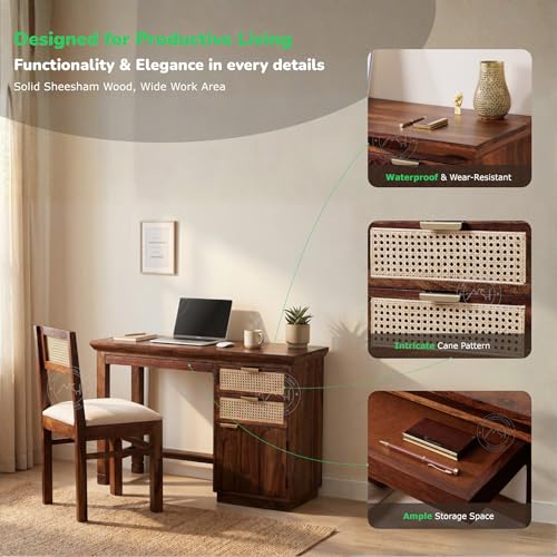 Image of NSH Solid Sheesham Wood Study Table with Chair | Wooden Writing Desk with Drawer & Door Storage | Pre-Assembled Computer Desk Workstation for Home Office & Study Room | Honey Finish
