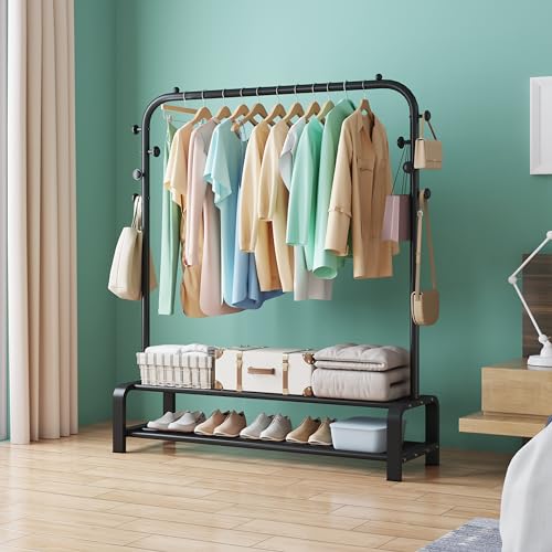 SMILOVII kleiderständer stabil, Kleiderstange mit 8 Haken und 2 Schuhregal Ablage Regal, 110CM breit, Geeignet für Schlafzimmer Garderobenständer, Freistehender Jackenständer - Schwarz