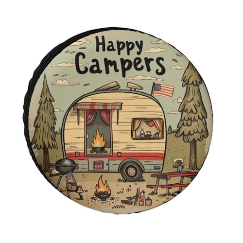 Image of Spare Tire Cover Happy Campers Wheel Protectors Weatherproof Camper Trailer Campfire Tire Cover Universal Fit for Trailer SUV Truck Camper Travel Trailer 12 Inch