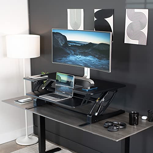 Image of VIVO Black 42 inch Standing Desk Converter, DESK-V000VL | Large, Height Adjustable, Stand Up Desk Riser, Wide Keyboard Tray, Dual Monitor and Laptop Workstation, V Series