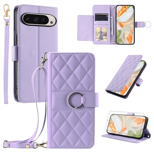 Housse Pixel 9 Pro 5G pliable en cuir avec compartiment cartes violet