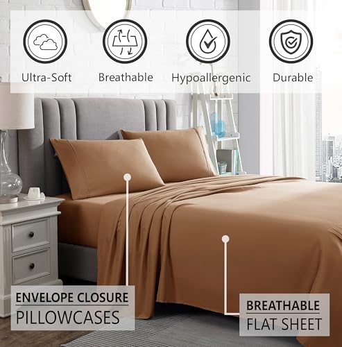 American Home Collection King Size Sheet Set - 16-Inch Deep Pocket - Ultra Soft Microfiber Bed Sheets - Breathable, Wrinkle and Fade Resistant, Easy Care - 4 Piece Set (King, Tan)