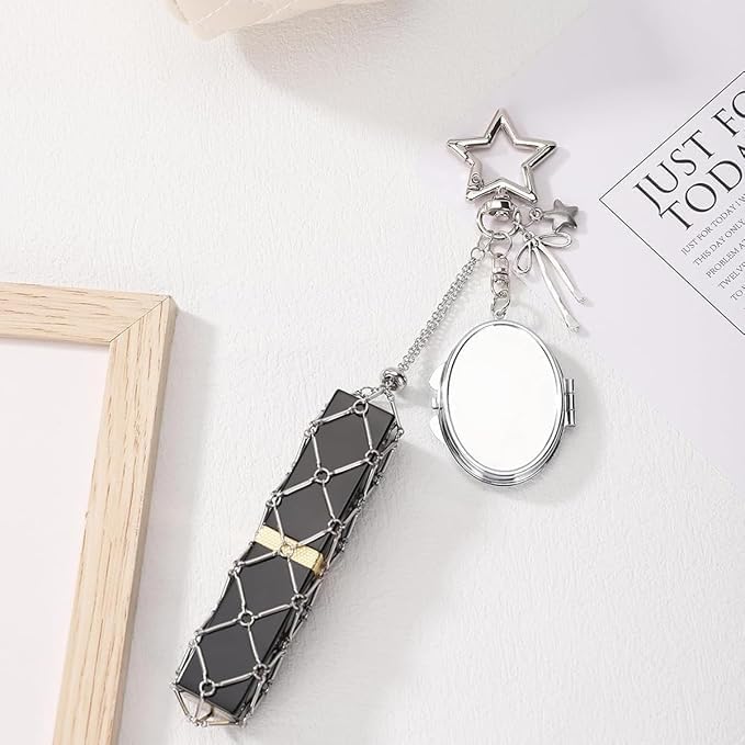 Image of Lipstick Holder Keychain with Touch Up Mirror Clasp Makeup Lipstick Balm Gloss Organizer Portable Chic Bag Charm Accessories