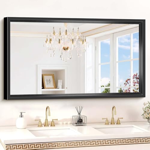 Image of Bathroom Mirror, 30 x 55 Inch Brushed Black Rectangle Mirror, 0.6 inch Thickened Deep Metal Frame Mirrors for Wall Over Sink, Shatterproof Tempered Glass, Antirust, Horizontally or Vertically