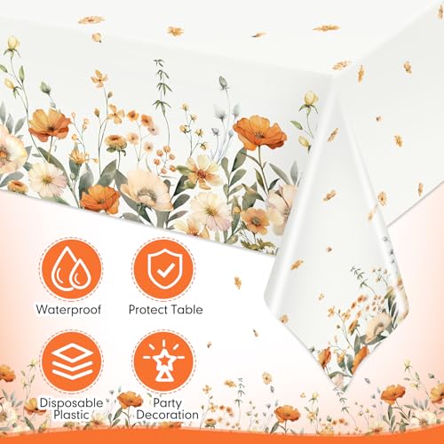 Image of Ganeen 3 Pcs Fall Floral Tablecloth Disposable Plastic Table Covers Watercolor Wildflower Table Cover Waterproof Tablecloths for Autumn Birthday Wedding Party Decor, 54 x 108 Inch
