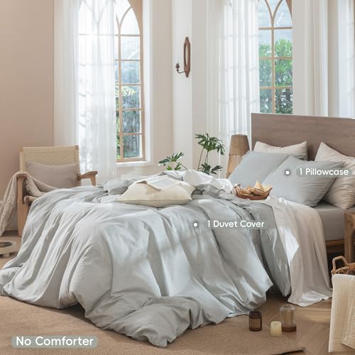 Image of MooMee Striped Duvet Cover Set 100% Washed Cotton Linen Like Twin | Relaxed Linen-like Texture. Soft, Breathable & Long-lasting Comfort. Lightweight. Hidden Zipper with 8 Interior Corner Ties