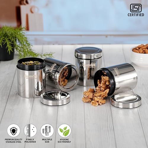 Image of Sumeet ISI Certified Stainless Steel Air Tight Storage Container /Jar /Canister /Dabba with Threading Screw Cap for Kitchen - Pack of 4Pc, 8.3cm, 450ml, Silver