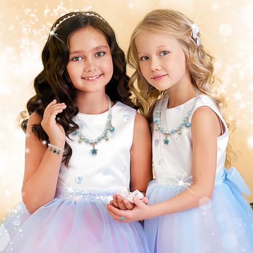 OSDUE Blau Muschel Schmuckset Mädchen, Kristallschmuck, Rosa Kinderschmuck - Halskette, Ringe, Armbänder, Ohrring für Party Dress Up Geschenk