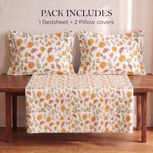 Image of BSB HOME 240 TC Cotton Double Bedsheet with 2 Pillow Covers, Soft & Breathable Floral Print Bed Sheet, Fade Resistant, Easy Care Bedding Set, 90 x 100 Inches (228 x 254 cm) - Ochre & Rust Botanical
