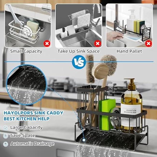 Sponge Holder for Kitchen Sink - Rustproof Sink Caddy with Brush Holder, Self-Drainage Kitchen Organizers and Storage Dish Soap Dispenser Home Essentials Organization Accessories, Black