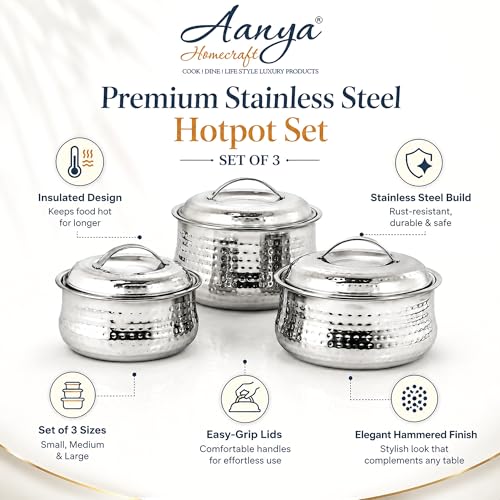 Image of Aanya Homecraft Stainless Steel Insulated Hotpot Set, Silver Serving Casserole for Roti, Rice, Curry & Food Storage, Home & Kitchen Serveware, Set of 3 Sizes