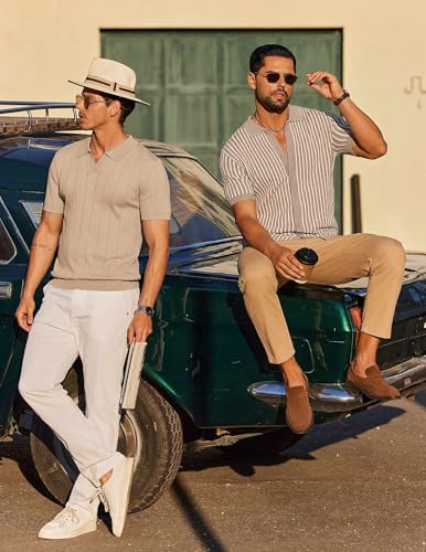 Image of COOFANDY Mens Knit Button Down Shirts Short Sleeve Polo Shirt Vintage Striped Casual Shirts