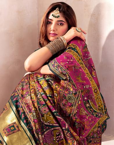 Image of SIRIL Women's Silk Kashmiri Minakari Jacquard Saree With Unstitched Blouse Piece