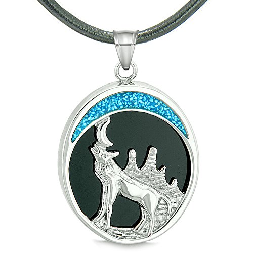 BestAmulets Howling Wolf Wild Woods Moon Magic Protection Powers Amulet Simulated Black Onyx Pendant Leather Necklace