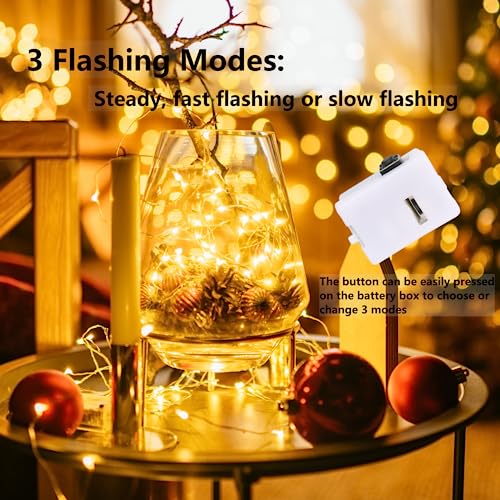 Dooozy 20 Stück Micro LED Lichterkette und 120 Batterie, 2M 20 Led Lichterkette 3 Modi Batterie Kupfer Drahtlichterkette Wasserfest für Weihnachten Außen Garten, Innen Hochzeit, Party(Warm Weiß)