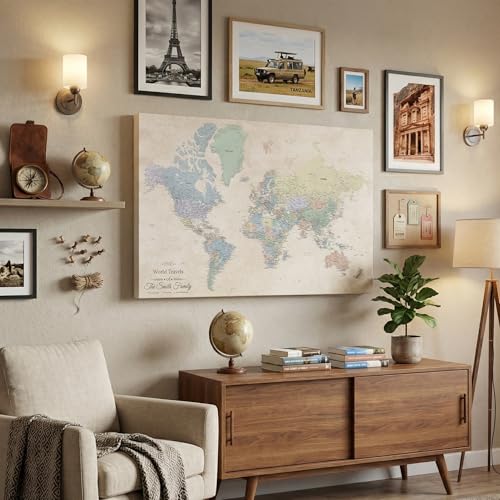Image of Push Pin Travel Maps Sandy Dreams World Pin Board - Personalized Stretched Canvas Travel Map with Pins, Adventure Wall Art Decor for Tracking Trips - 30 inch x 45 inch