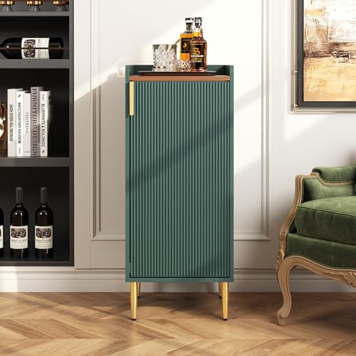 Image of ARTPOWER Mini Bar Cabinet for Apartment, Fluted Wine Bar Cart with Wine Racks & Wine Glass Holder, Modern Corner Liquor Cabinet for Living Room, Dining Room, Kitchenn(Green)