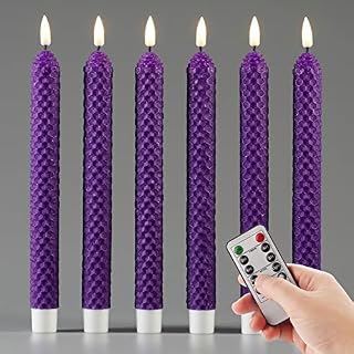 Eywamage Purple Honeycomb LED Taper Candles with Remote, Flickering Real Wax Flameless Battery Operated Candlesticks Set of 6